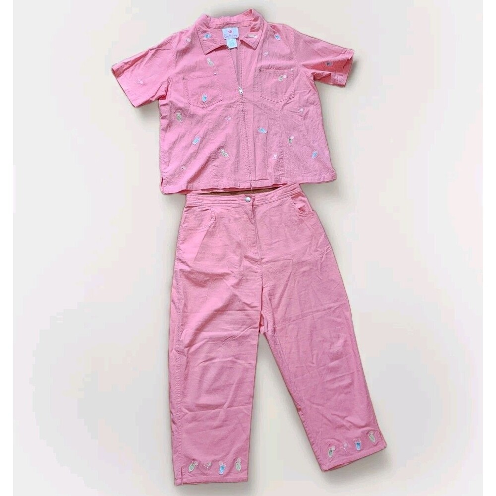 Vintage Quacker Factory Pink Embroidered Cocktails Capri Set - Size Large